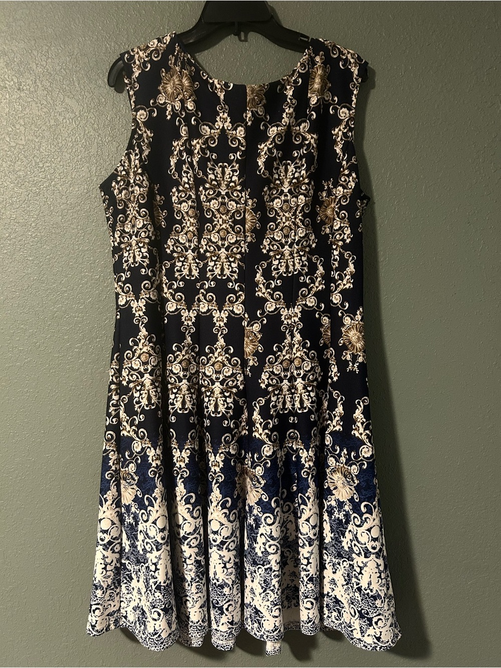 Danny and Nicole's navy blue, black, tan and white print dress, size 16